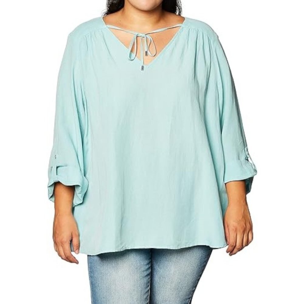 Calvin Klein Aqua Linen Blend 1X V-Neck Roll Tab Sleeve‎ Pullover Tunic Top